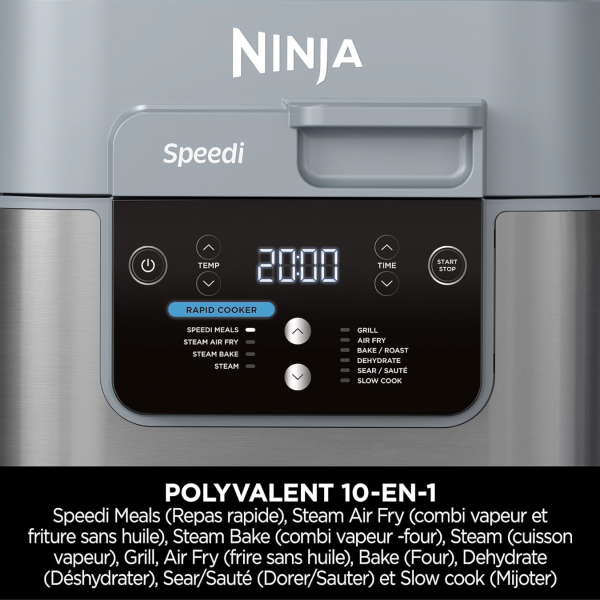 Ninja Speedi 10-en-1 Cuiseur rapide, Air Fryer, Friteuse à air et Multicuiseur, 5.7L, Repas pour 4 en 15 minutes, Vapeur, Gril, Cuire au four, Rôtir, Saisir, Mijoter et plus, Gris Sel de Mer,